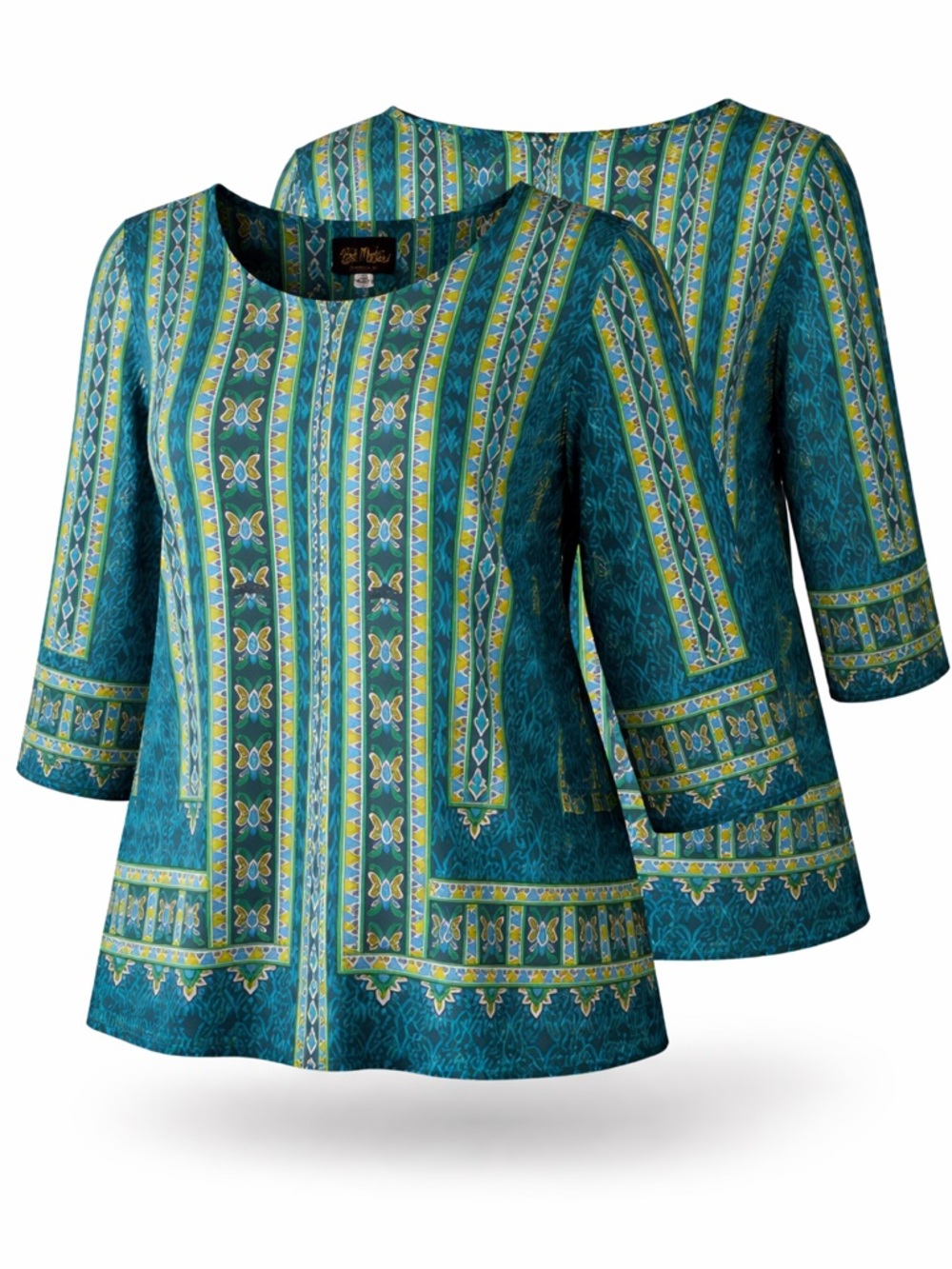 Bob Mackie Teal & Green  Geometric Border-Print Scoop Neck Blouse